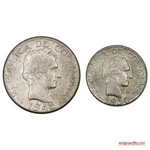 MONEDAS DE PLATA DE COLOMBIA 20CTVS 1948 Y 10CTVS 1950, AMBAS ESCASAS EN ESTA CONDICIÓN
