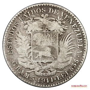 BOLÍVAR DE PLATA ACUÑADA EN EL AÑO 1911