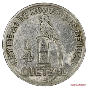 MONEDA DE PLATA DE ¼ QUETZAL DE GUATEMALA DEL AÑO 1926