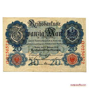 BILLETE IMPERIAL ALEMÁN DE 20 MARCOS EMITIDOS EN 1914