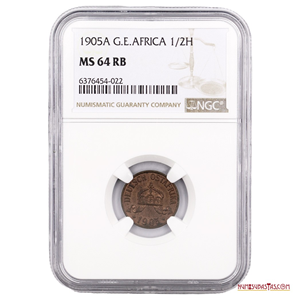 ½ HELLER 1905 DE LAS COLONIAS ALEMANES DEL ESTE DE AFRICA, NGC MS64 RB, ESCASO ASÍ