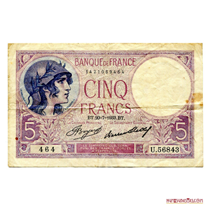BILLETE DE 5 FRANCOS FRANCESES EMITIDO EN EL AÑO 1933